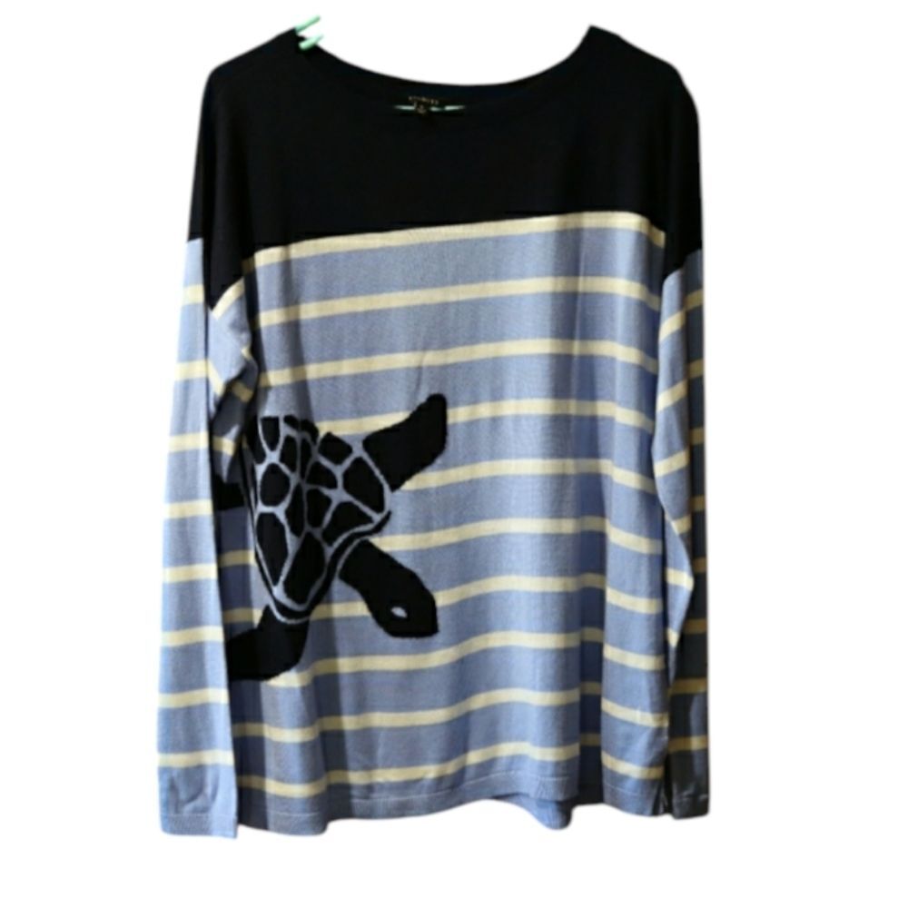 Talbots Blue & White Knit Turtle Graphic Pullover Sweater LG